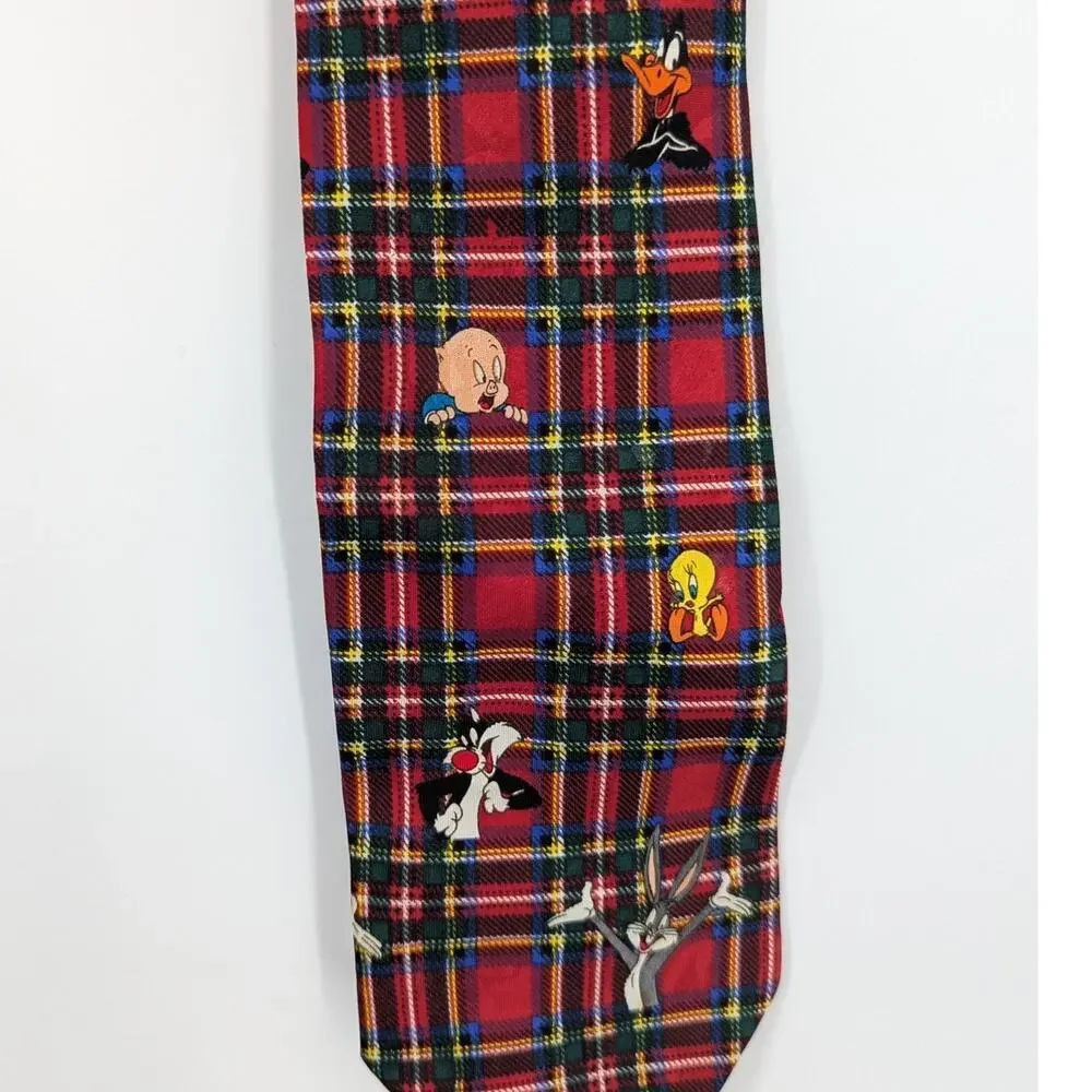Vintage 1993 Looney Tunes Mania Tie Red Plaid Bugs Bunny Daffy Tweety 58x3.75
